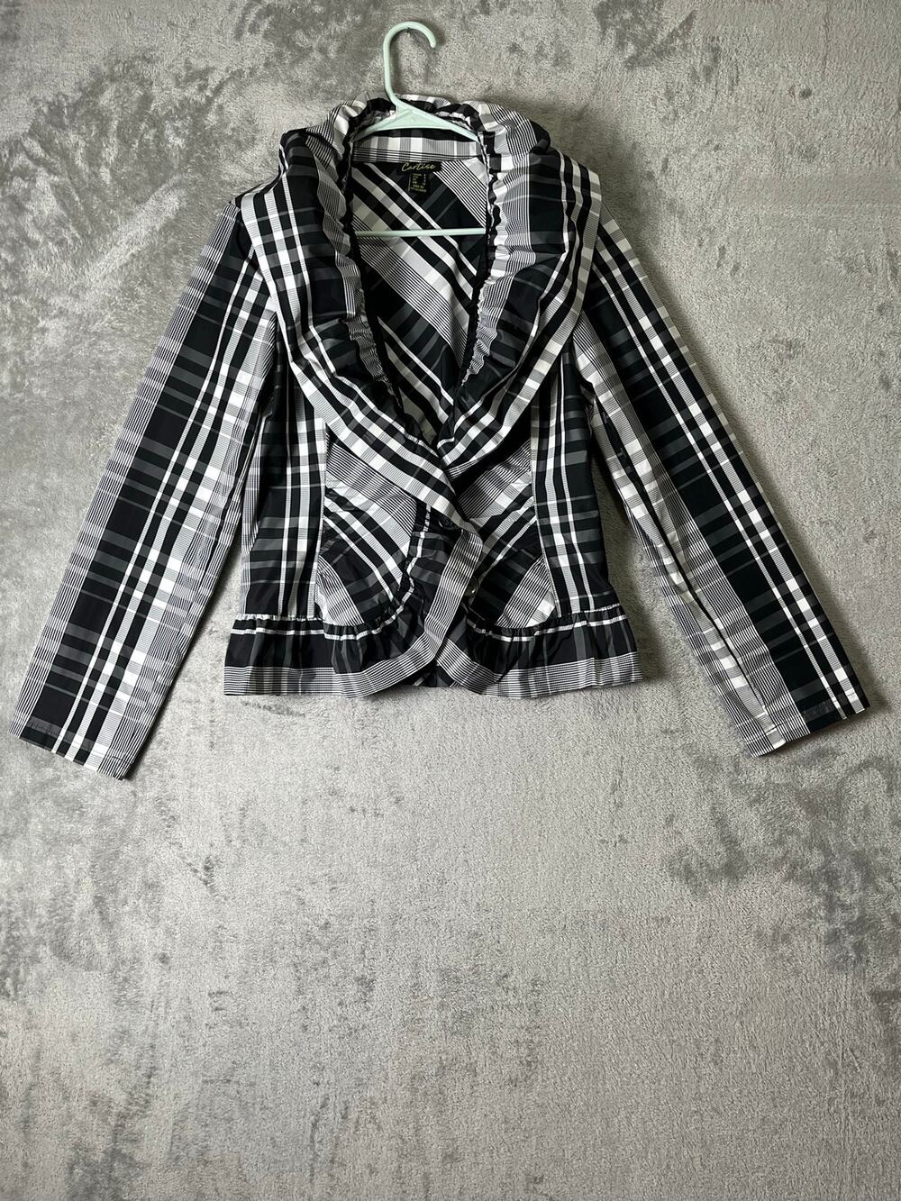 Cartise Plaid Draped Shawl Collar Peplum Blazer Jacket Black White Fitted Size 4